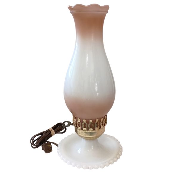 Milk Glass Hurricane Lamp Boudoir Bedside Table Light Floral Hobnail Edge Vtg. - Picture 7 of 16